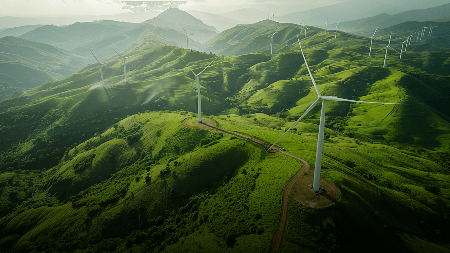 Wind turbines over green hills